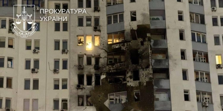 Aftermath of a rocket strike in Ukraine. Light coming from window.