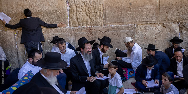 Jewish men pray during Tisha B'Av, at the Western Wall_14780300