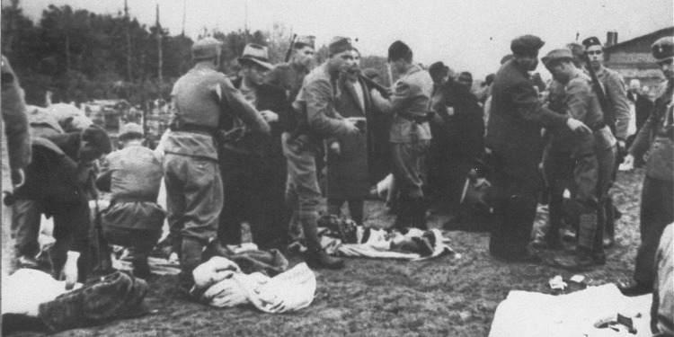 Ustasa camp guards and Jewish prisoners during Holocaust