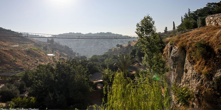 View of a new rope bridge, crossing from the Ben Hinnom valley to Mount Zion