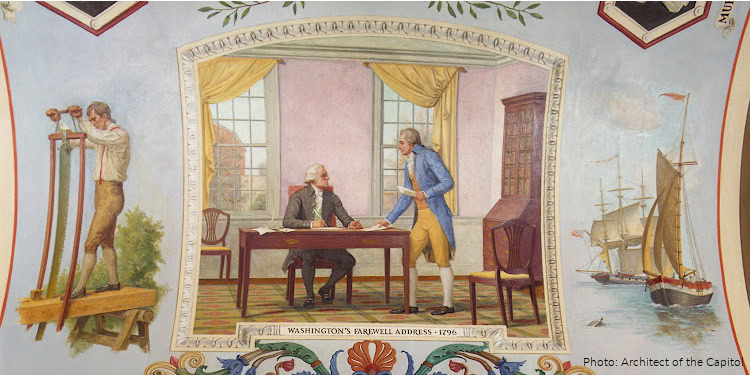 Washington's Farewell Address, 1796 Allyn Cox 1973-1974 Oil on Canvas photo by Architect of the Capitol https://commons.wikimedia.org/wiki/File:Flickr_-_USCapitol_-_Washington%27s_Farewell_Address,_1796.jpg