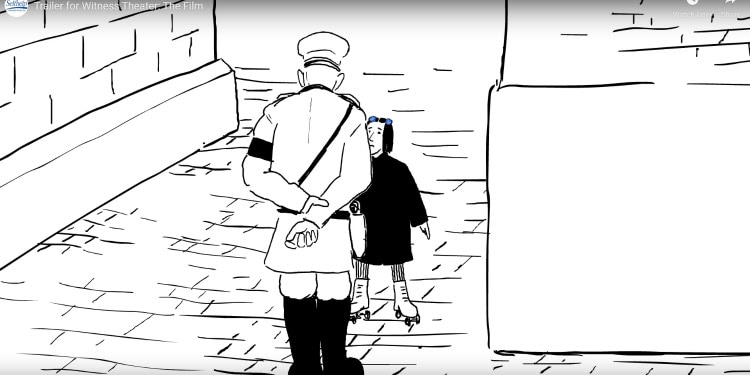 Black and white drawing of a young girl facing a Nazi during the Holocaust.