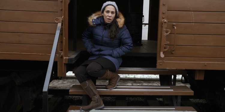 Yael Eckstein at a Holocaust cattle car in Lviv, Ukraine