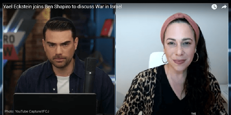 A YouTube video screen capture of talk show host Ben Shapiro speaking with IFCJ CEO Yael Eckstein