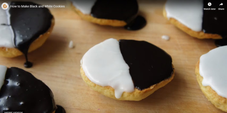 Screenshot of video showing black and white cookies