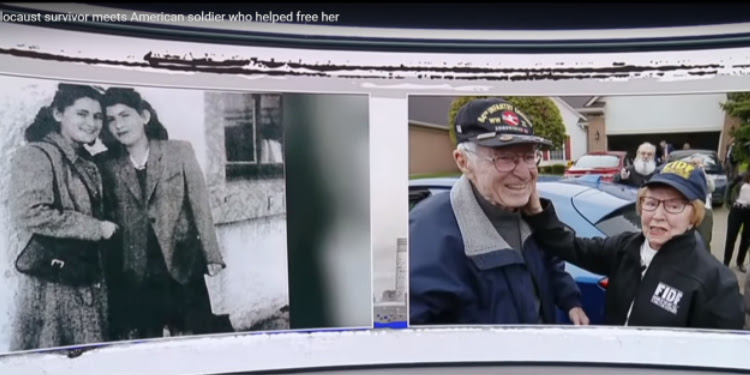 Screen capture of Holocaust survivor meeting American soldier who helped free her.