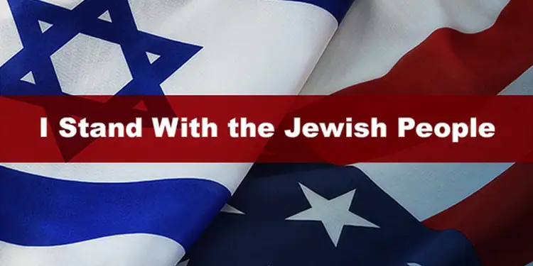 Israeli and American flags draped together with the message "I Stand With the Jewish People" emphasizing solidarity and support for Jewish communities globally.