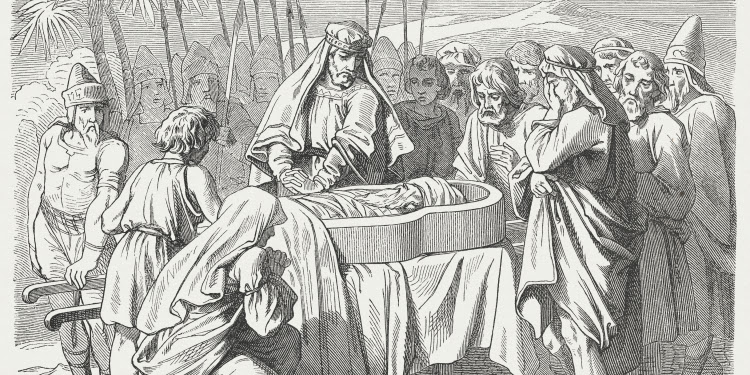 Illustration of several mourning a person during Biblical times.