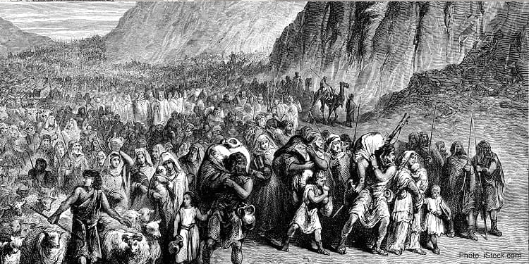 Black and white image of the exodus from Egypt