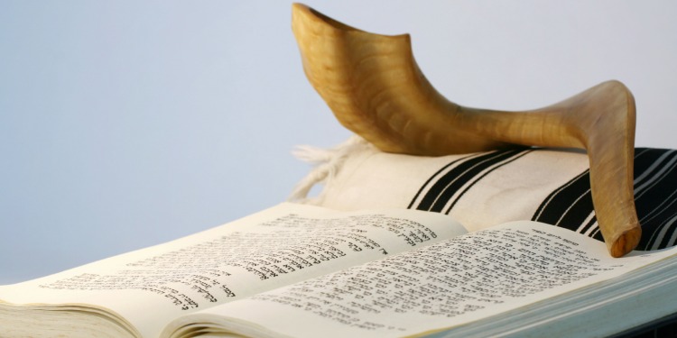 A book and a shofar against a light blue background.