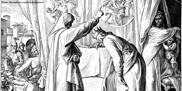 Black and white cartoon image of Nathan rebuking David.