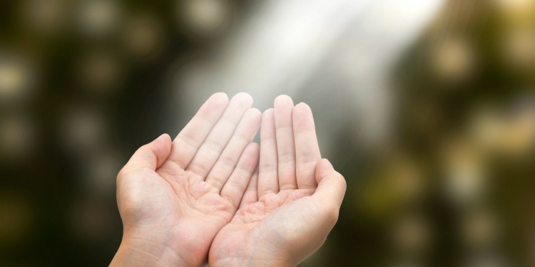 Hands open against a green and brown background.