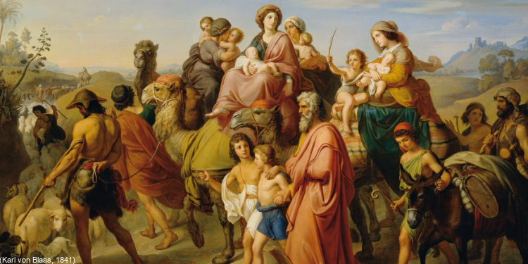A historical painting by Karl von Blaas from 1841 depicts a group of people traveling through a desert landscape. The central figures are women and children riding camels, surrounded by men on foot. The scene includes various animals such as camels and goats, with distant mountains in the background. The clothing and setting suggest an ancient or biblical time period.