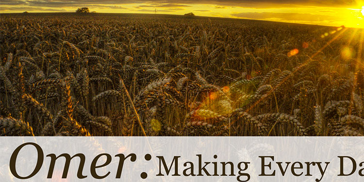 The sun setting on a wheat field with an Omer promotion in front of it.