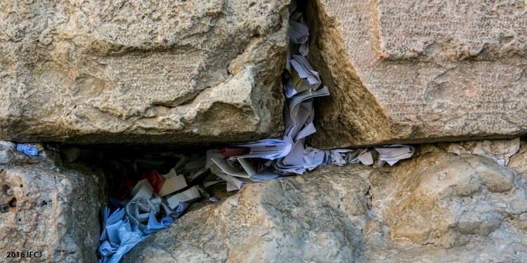 Prayers written on paper crammed into the cracks of the Western Wall.