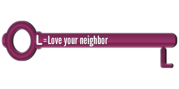 Purple key against a white background that reads love your neighbor.