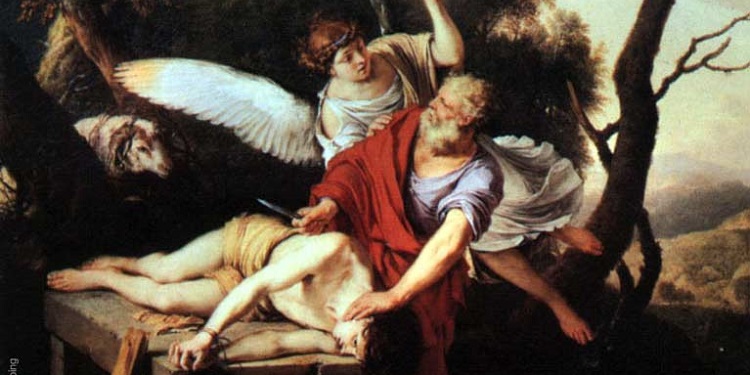 The Sacrifice of Isaac with angel in background