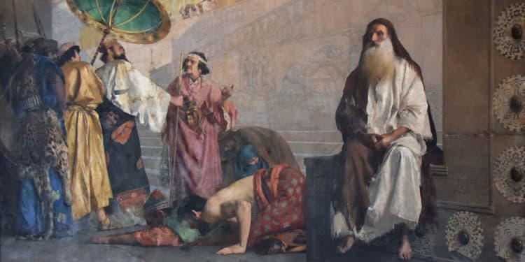 Men bowing down to other men in Biblical times while one man is seated to the right.