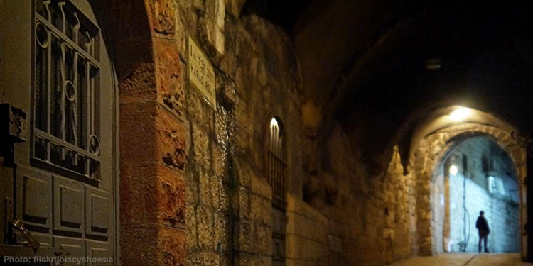 Long bricked walkway with a person at the end.