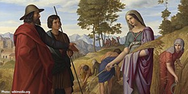 Painting of ruth picking wheat in Boaz' fields.