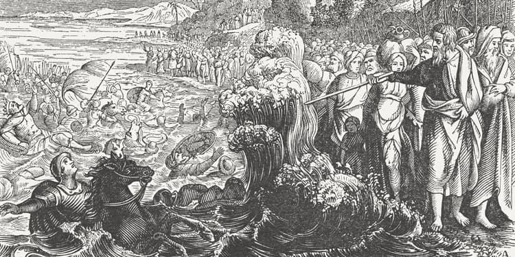Black and white image of the story of the Red Sea.